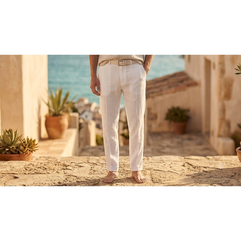 Tasso Elba Linen Pants Mens 36x32 Cream Straight Leg Lightweight Summer Trousers